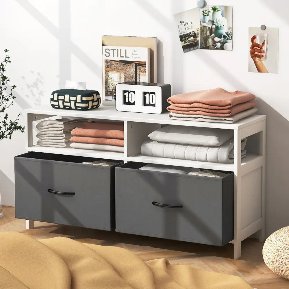 Fabric Chest of Drawers with 2 Drawers and 2 Open Shelves-White - White - Dressers & Chests