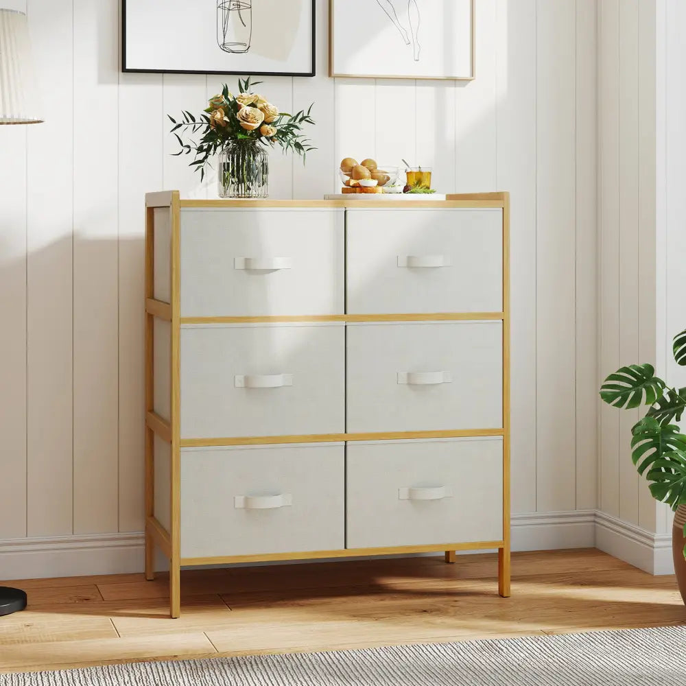 Fabric Dresser with 6 Drawers with 6 Folding Fabric Bins for Bedroom Living Room-Natural - Natural - Dressers & Chests