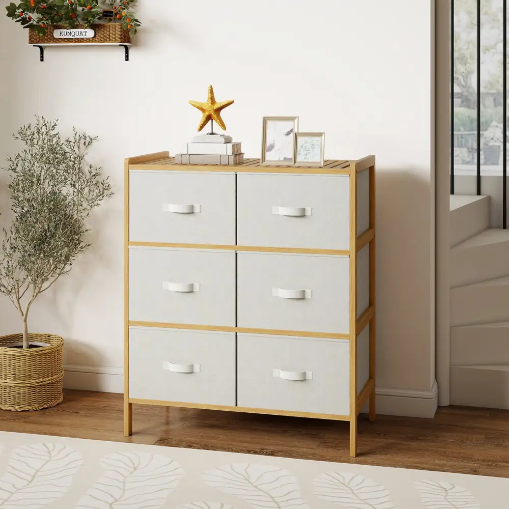 Fabric Dresser with 6 Drawers with 6 Folding Fabric Bins for Bedroom Living Room-Natural - Natural - Dressers & Chests