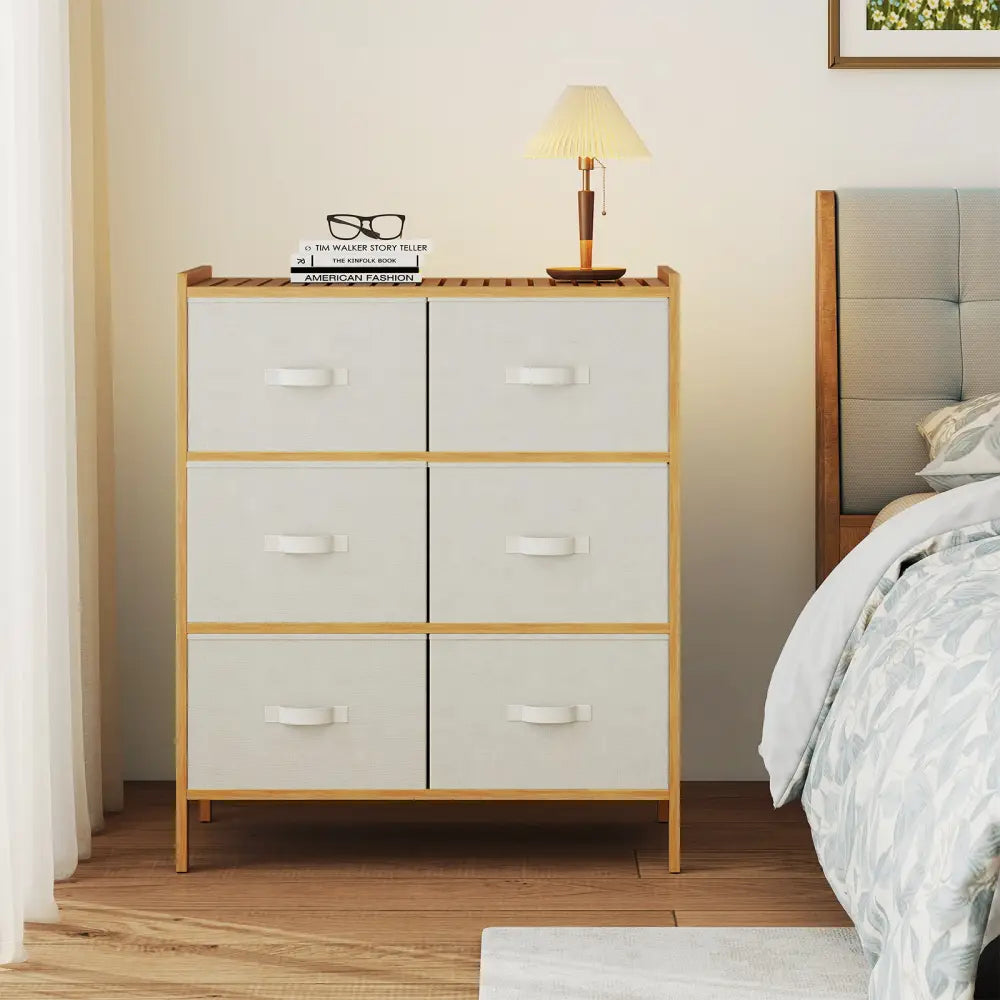 Fabric Dresser with 6 Drawers with 6 Folding Fabric Bins for Bedroom Living Room-Natural - Natural - Dressers & Chests