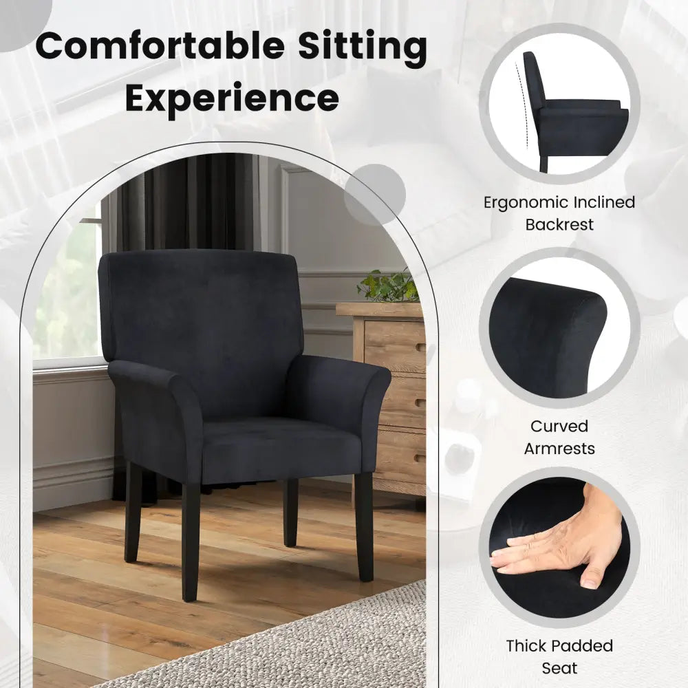 Fabric Upholstered Executive Guest Armchair with Rubber Wood Legs-Black - Black - Accent Chairs