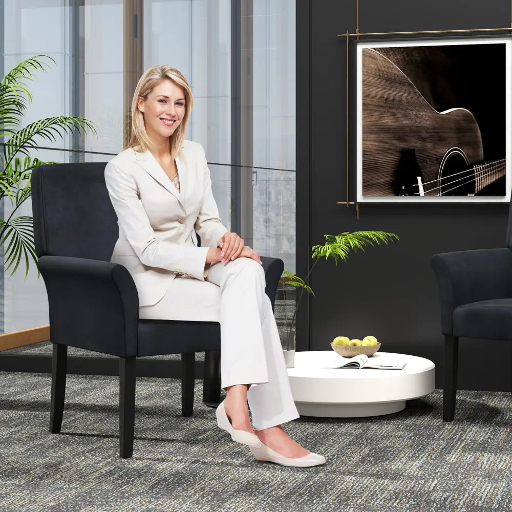 Fabric Upholstered Executive Guest Armchair with Rubber Wood Legs-Black - Black - Accent Chairs