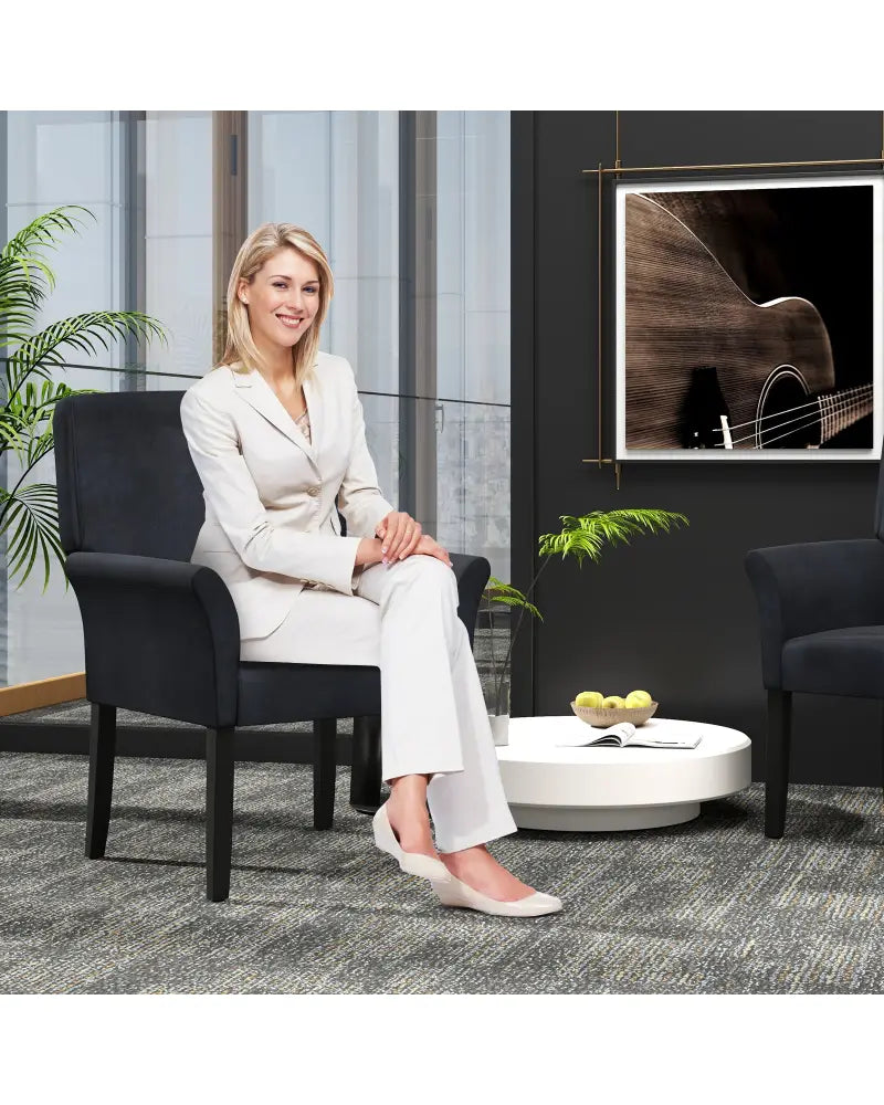Fabric Upholstered Executive Guest Armchair with Rubber Wood Legs-Black - Black - Accent Chairs