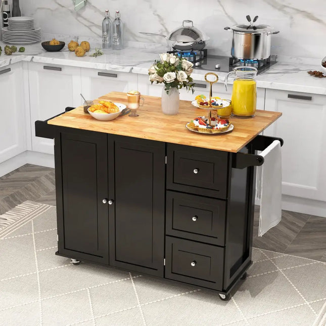Falling Leaf Kitchen Island Trolley Cart Wood Storage Cabinet - Black - Kitchen Islands & Carts