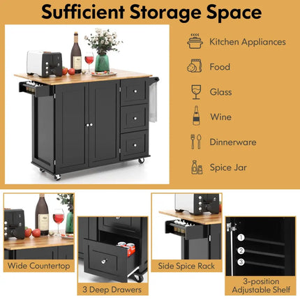 Falling Leaf Kitchen Island Trolley Cart Wood Storage Cabinet - Black - Kitchen Islands & Carts