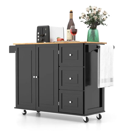Falling Leaf Kitchen Island Trolley Cart Wood Storage Cabinet - Black - Kitchen Islands & Carts