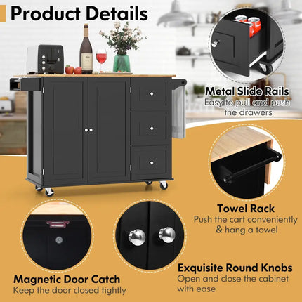 Falling Leaf Kitchen Island Trolley Cart Wood Storage Cabinet - Black - Kitchen Islands & Carts