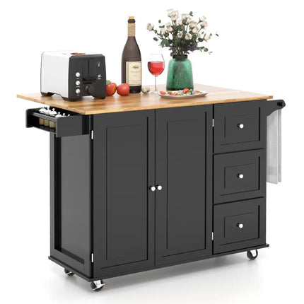 Falling Leaf Kitchen Island Trolley Cart Wood Storage Cabinet - Black - Kitchen Islands & Carts