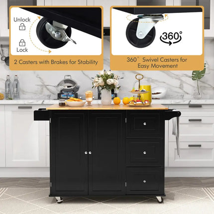 Falling Leaf Kitchen Island Trolley Cart Wood Storage Cabinet - Black - Kitchen Islands & Carts