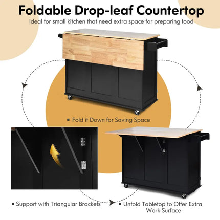 Falling Leaf Kitchen Island Trolley Cart Wood Storage Cabinet - Black - Kitchen Islands & Carts