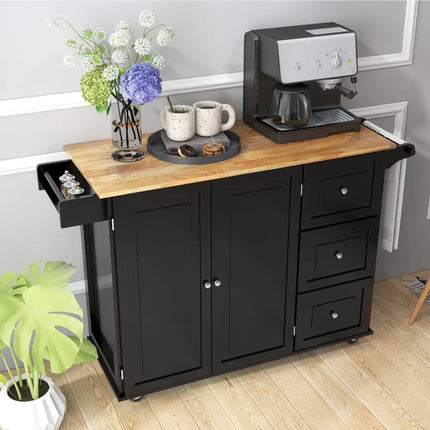 Falling Leaf Kitchen Island Trolley Cart Wood Storage Cabinet - Black - Kitchen Islands & Carts