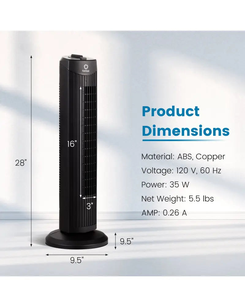 Fantask 35W 28 Inch Quiet Bladeless Oscillating Tower Fan-Black - Black - Fans