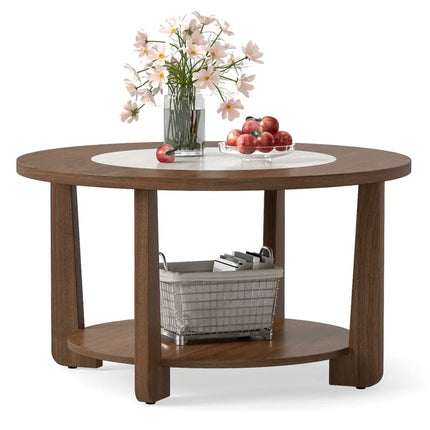 Farmhouse Accent Round Coffee Table with 2-Tone Tabletop and Open Storage Shelf for Living Room-Brown - Brown - Coffee