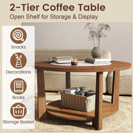 Farmhouse Accent Round Coffee Table with 2-Tone Tabletop and Open Storage Shelf for Living Room-Brown - Brown - Coffee