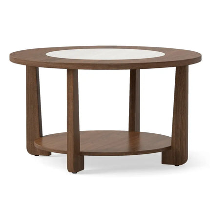 Farmhouse Accent Round Coffee Table with 2-Tone Tabletop and Open Storage Shelf for Living Room-Brown - Brown - Coffee