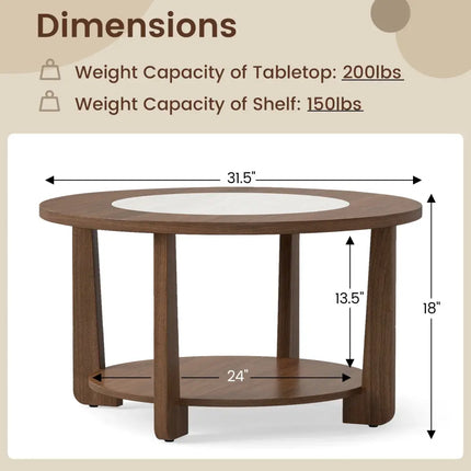 Farmhouse Accent Round Coffee Table with 2-Tone Tabletop and Open Storage Shelf for Living Room-Brown - Brown - Coffee