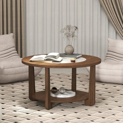 Farmhouse Accent Round Coffee Table with 2-Tone Tabletop and Open Storage Shelf for Living Room-Brown - Brown - Coffee