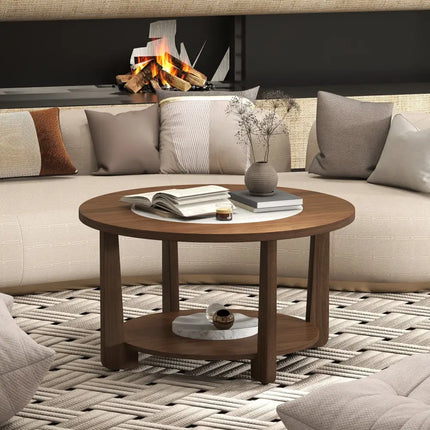 Farmhouse Accent Round Coffee Table with 2-Tone Tabletop and Open Storage Shelf for Living Room-Brown - Brown - Coffee