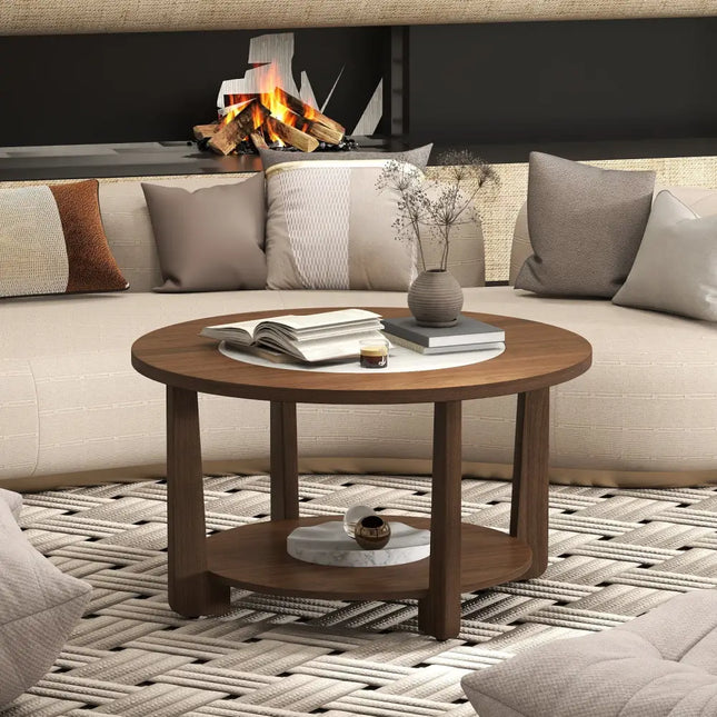 Farmhouse Accent Round Coffee Table with 2-Tone Tabletop and Open Storage Shelf for Living Room-Brown - Brown - Coffee