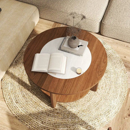 Farmhouse Accent Round Coffee Table with 2-Tone Tabletop and Open Storage Shelf for Living Room-Brown - Brown - Coffee