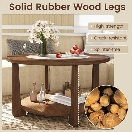 Farmhouse Accent Round Coffee Table with 2-Tone Tabletop and Open Storage Shelf for Living Room-Brown - Brown - Coffee