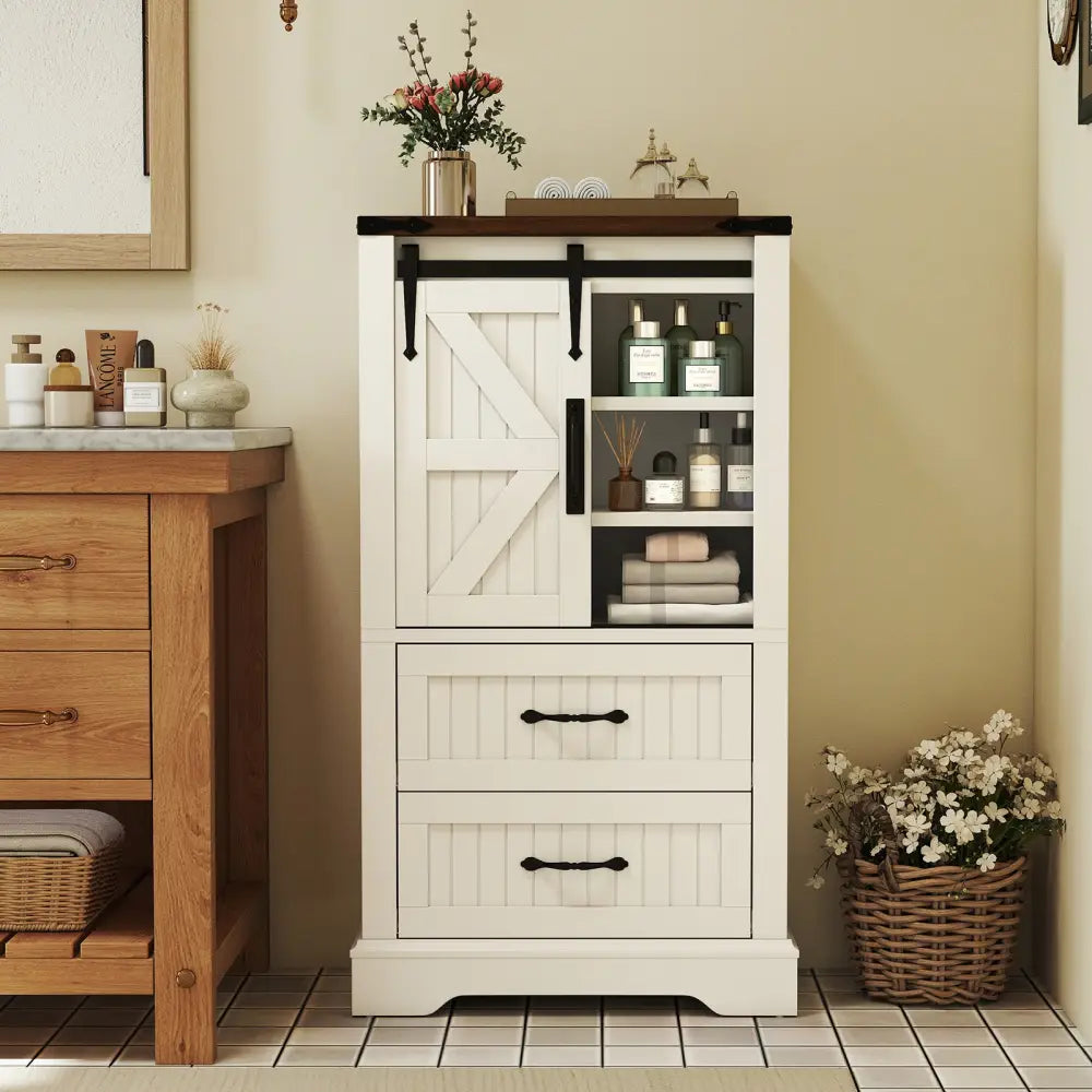 Farmhouse Bathroom Floor Cabinet Freestanding Wooden Storage Organizer-White - White - Floor Cabinets