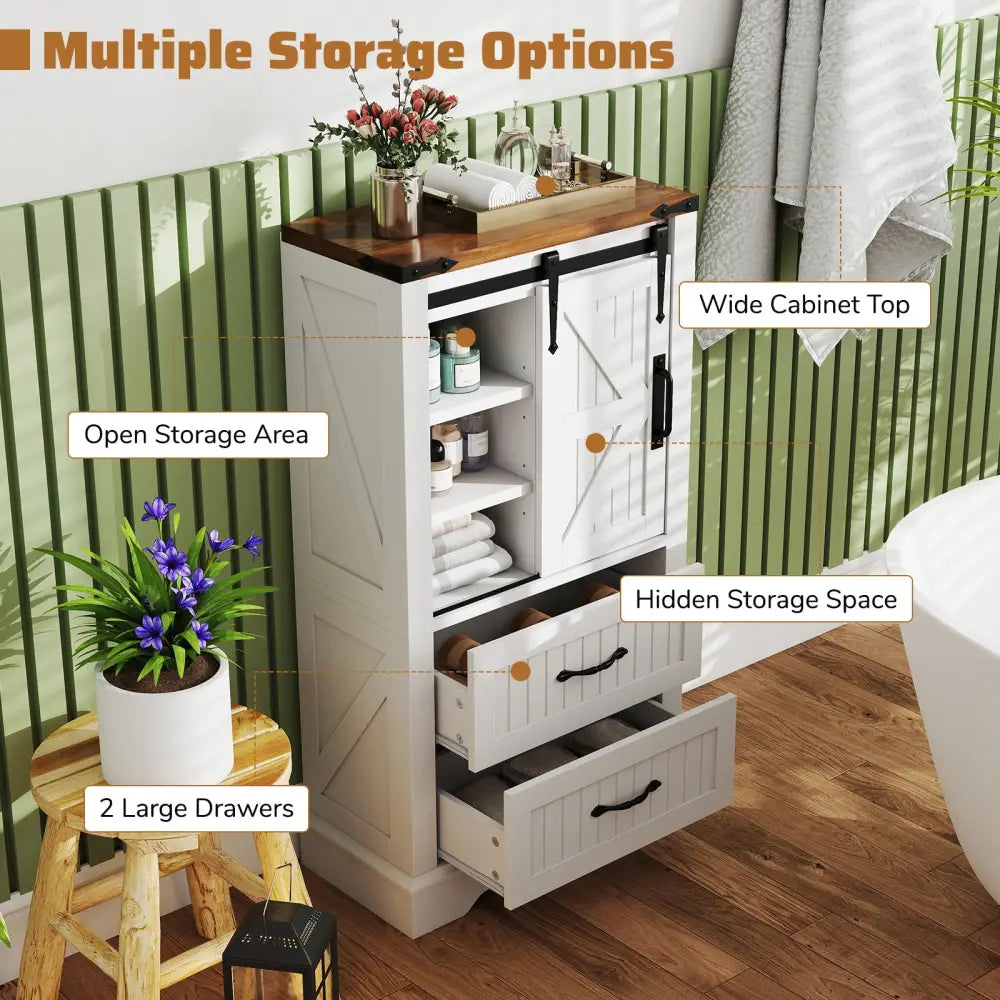 Farmhouse Bathroom Floor Cabinet Freestanding Wooden Storage Organizer-White - White - Floor Cabinets