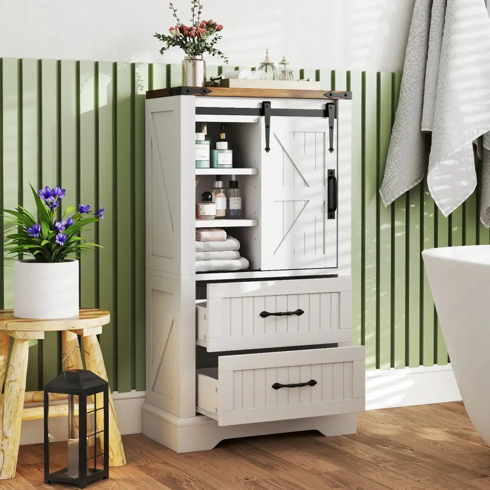 Farmhouse Bathroom Floor Cabinet Freestanding Wooden Storage Organizer-White - White - Floor Cabinets