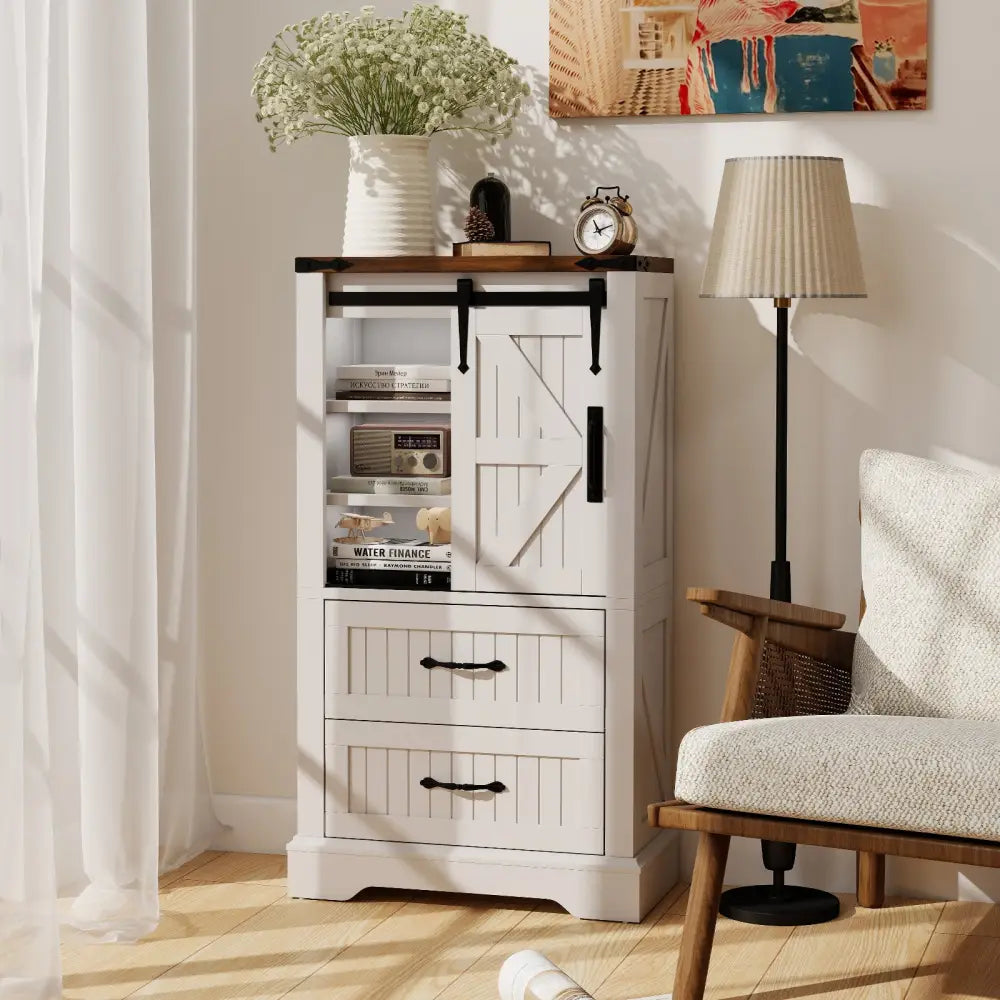 Farmhouse Bathroom Floor Cabinet Freestanding Wooden Storage Organizer-White - White - Floor Cabinets