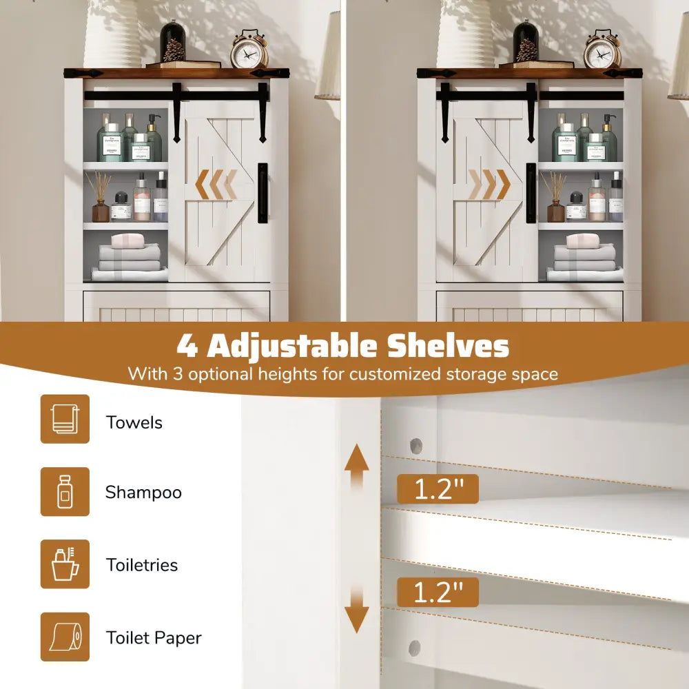 Farmhouse Bathroom Floor Cabinet Freestanding Wooden Storage Organizer-White - White - Floor Cabinets