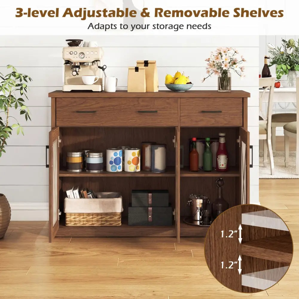 Farmhouse Buffet Sideboard 3-Door Kitchen Storage Cabinet with 2 Drawers-Brown - Brown - Sideboards Cabinets & Buffets