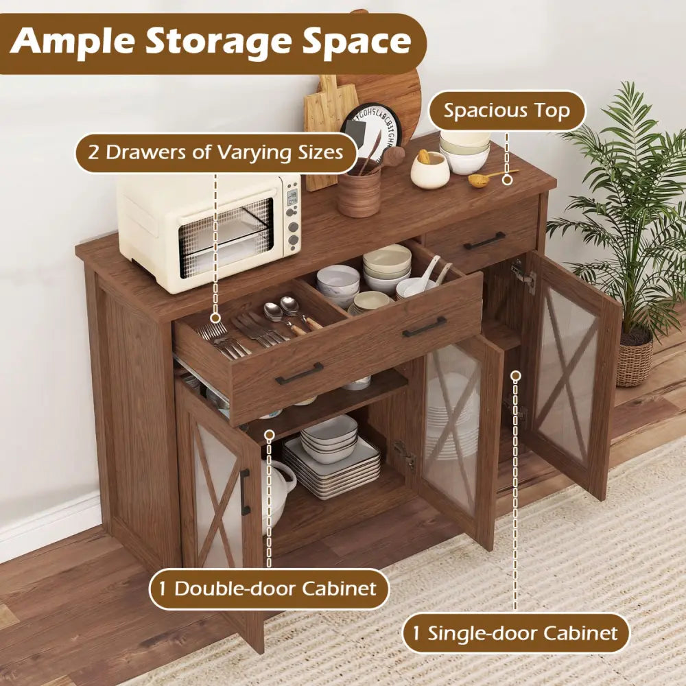Farmhouse Buffet Sideboard 3-Door Kitchen Storage Cabinet with 2 Drawers-Brown - Brown - Sideboards Cabinets & Buffets