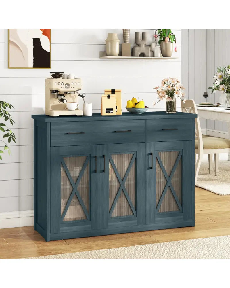 Farmhouse Buffet Sideboard 3-Door Kitchen Storage Cabinet with 2 Drawers-Turquoise - Turquoise - Sideboards Cabinets &