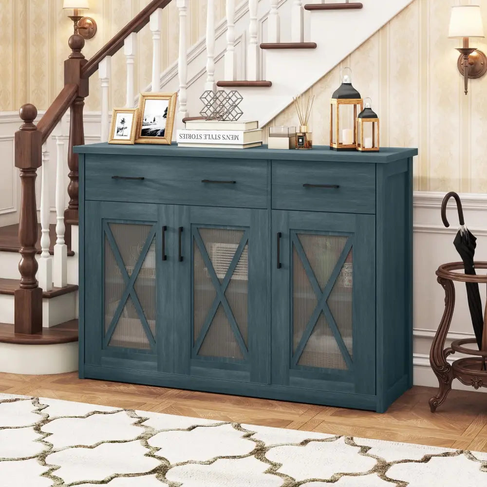 Farmhouse Buffet Sideboard 3-Door Kitchen Storage Cabinet with 2 Drawers-Turquoise - Turquoise - Sideboards Cabinets &