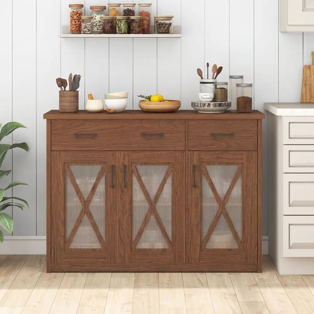 Farmhouse Buffet Sideboard 3-Door Kitchen Storage Cabinet with 2 Drawers-Brown - Brown - Sideboards Cabinets & Buffets