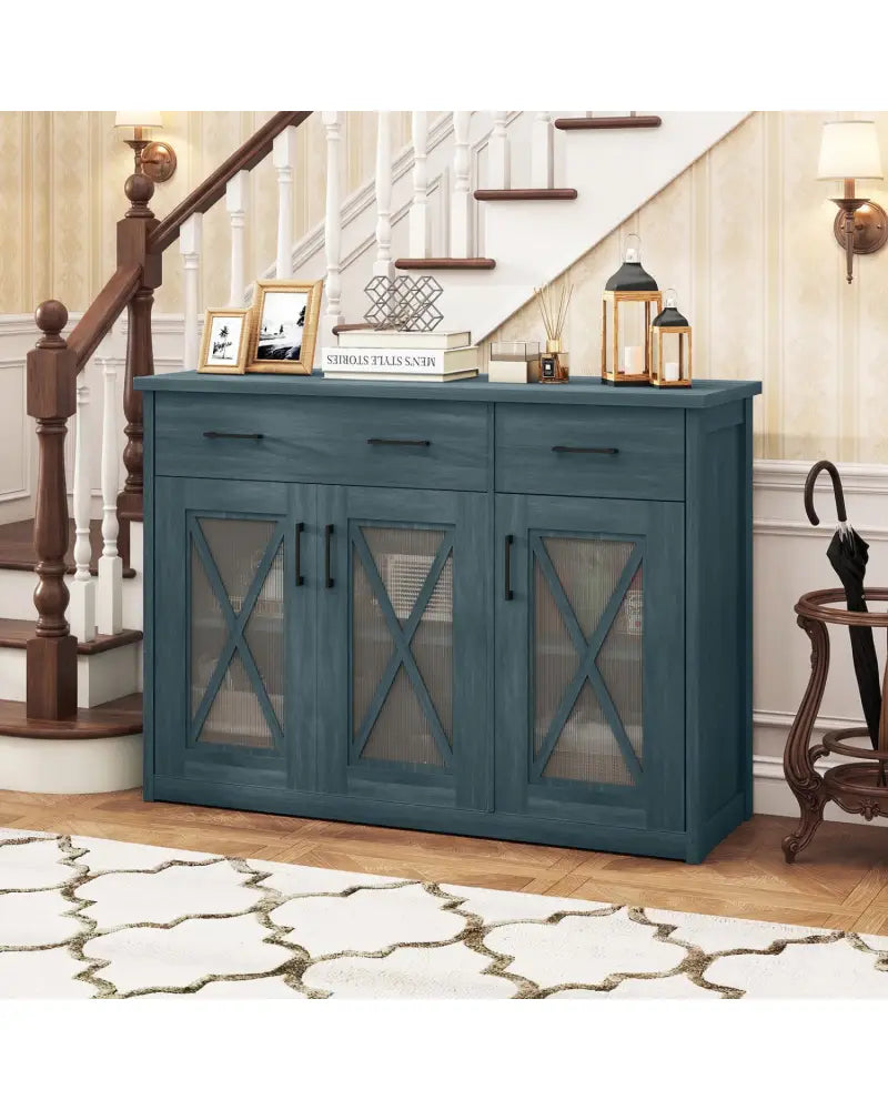 Farmhouse Buffet Sideboard 3-Door Kitchen Storage Cabinet with 2 Drawers-Turquoise - Turquoise - Sideboards Cabinets &