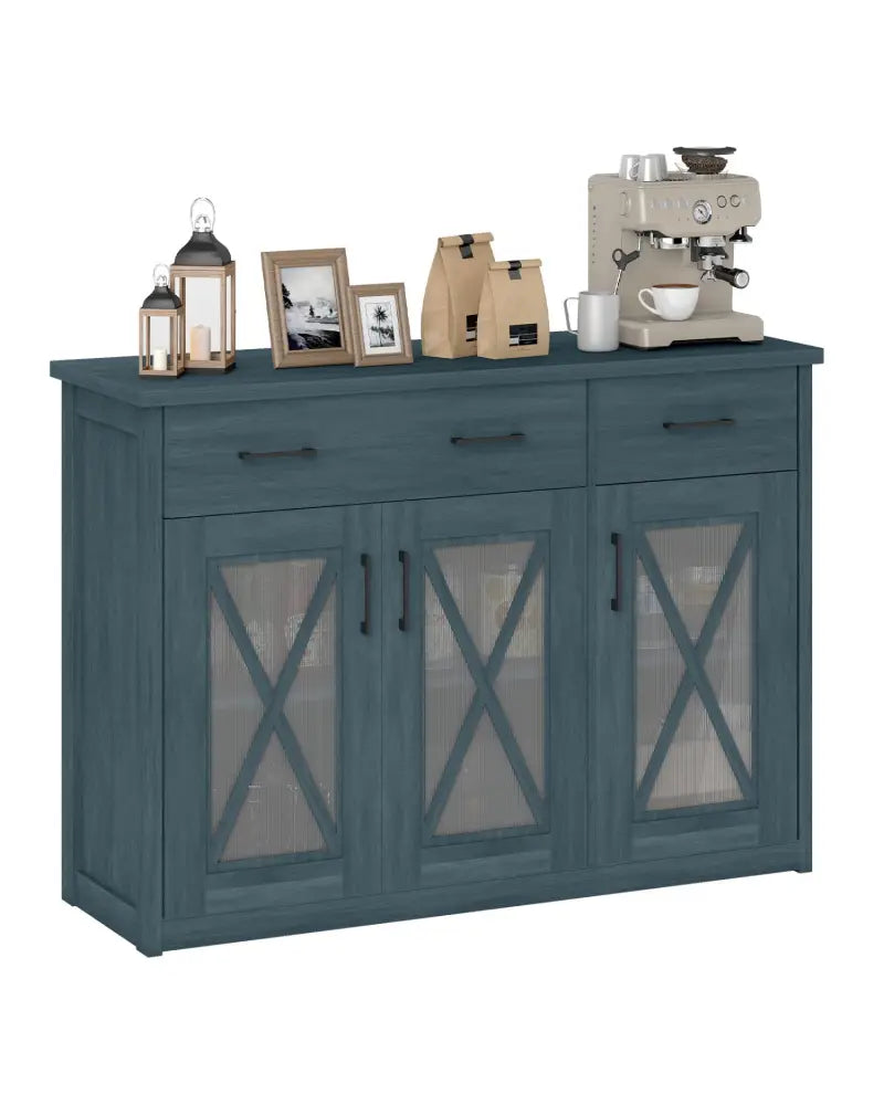Farmhouse Buffet Sideboard 3-Door Kitchen Storage Cabinet with 2 Drawers-Turquoise - Turquoise - Sideboards Cabinets &