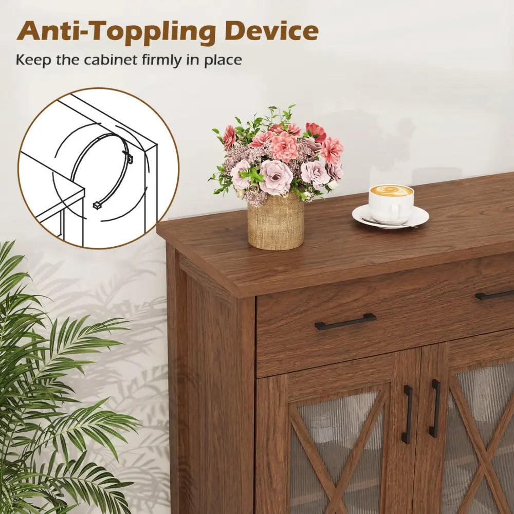 Farmhouse Buffet Sideboard 3-Door Kitchen Storage Cabinet with 2 Drawers-Brown - Brown - Sideboards Cabinets & Buffets