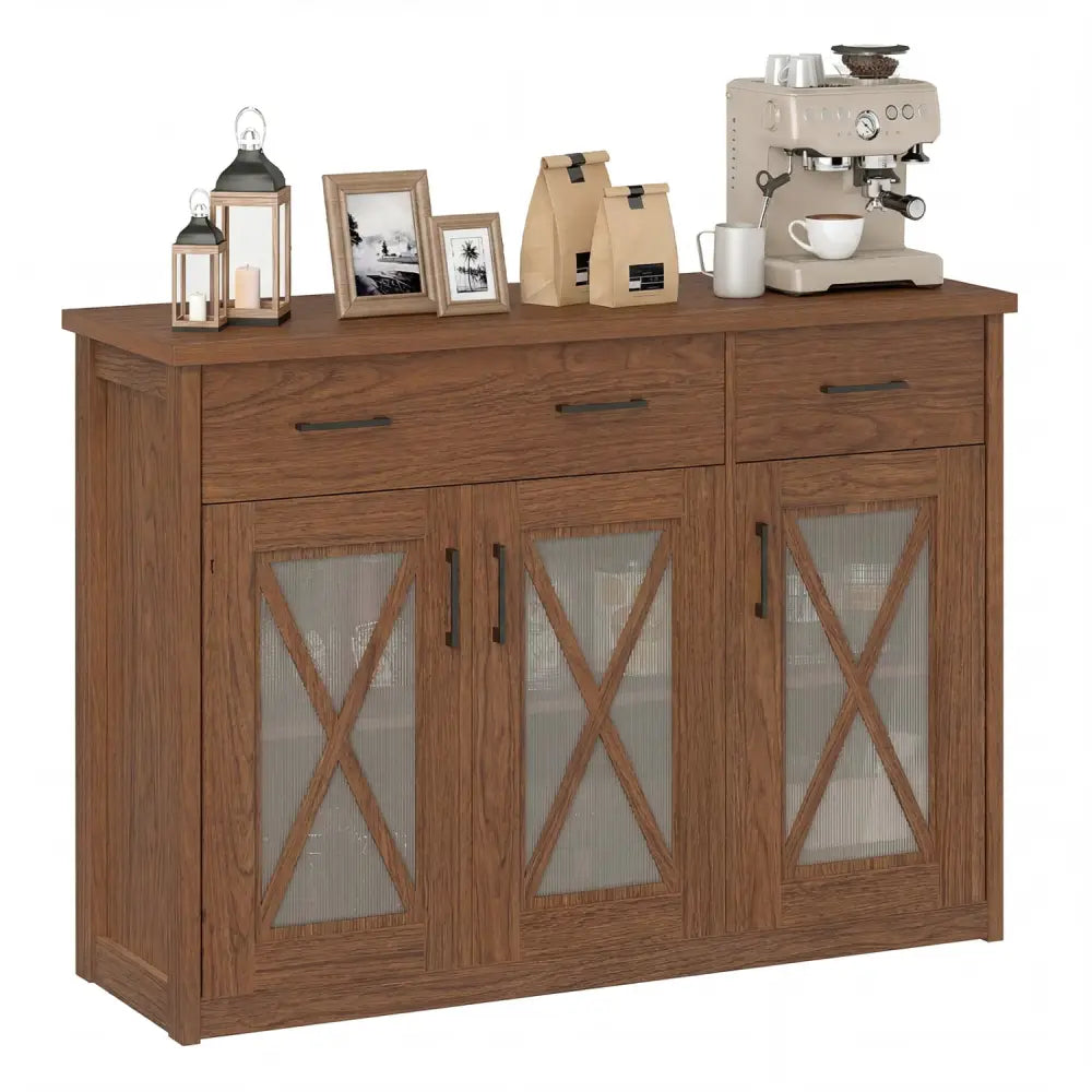 Farmhouse Buffet Sideboard 3-Door Kitchen Storage Cabinet with 2 Drawers-Brown - Brown - Sideboards Cabinets & Buffets