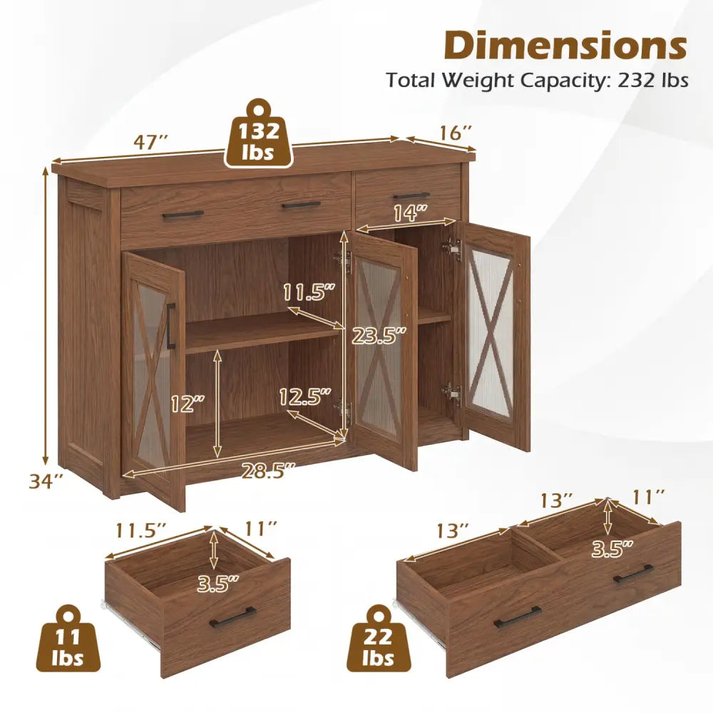 Farmhouse Buffet Sideboard 3-Door Kitchen Storage Cabinet with 2 Drawers-Brown - Brown - Sideboards Cabinets & Buffets