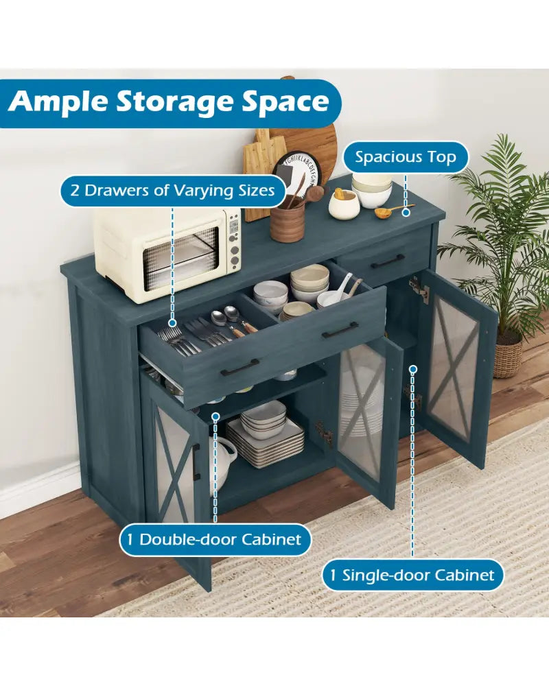 Farmhouse Buffet Sideboard 3-Door Kitchen Storage Cabinet with 2 Drawers-Turquoise - Turquoise - Sideboards Cabinets &