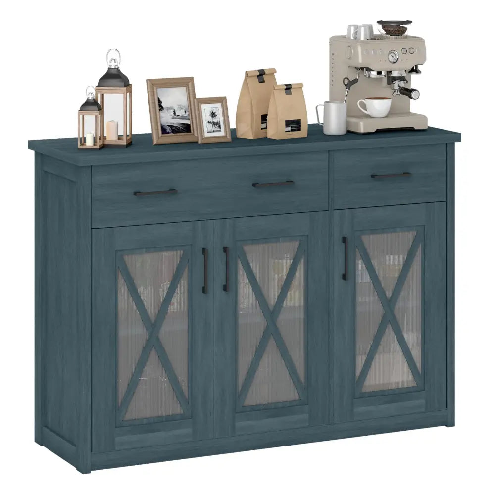 Farmhouse Buffet Sideboard 3-Door Kitchen Storage Cabinet with 2 Drawers-Turquoise - Turquoise - Sideboards Cabinets &