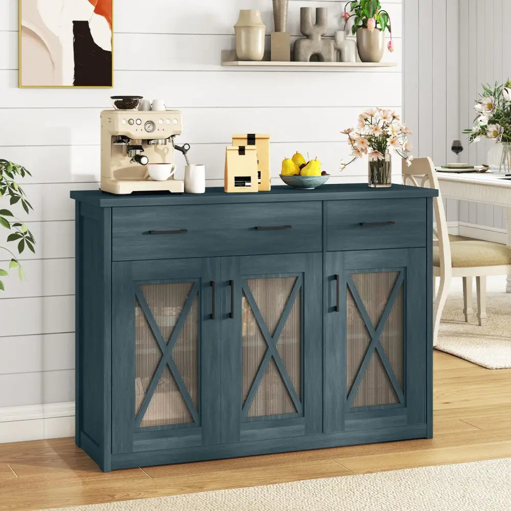 Farmhouse Buffet Sideboard 3-Door Kitchen Storage Cabinet with 2 Drawers-Turquoise - Turquoise - Sideboards Cabinets &