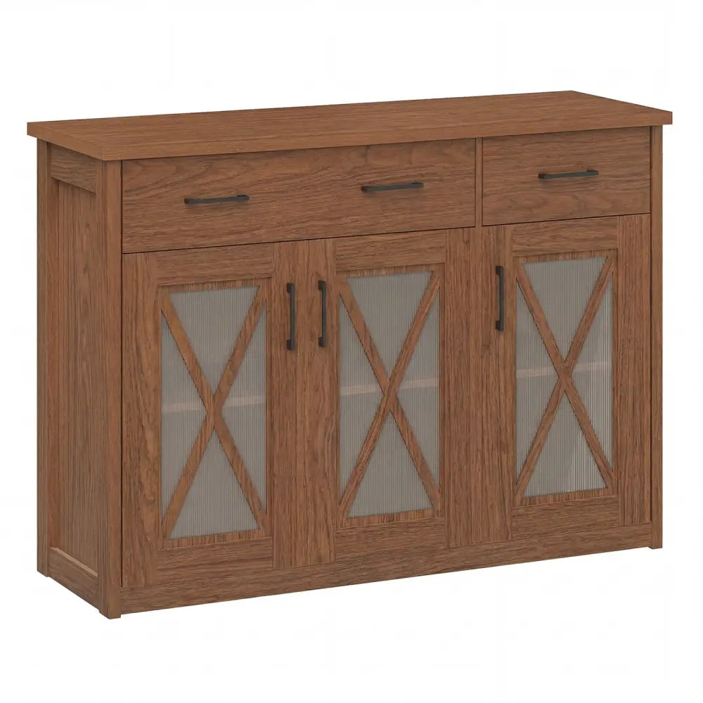 Farmhouse Buffet Sideboard 3-Door Kitchen Storage Cabinet with 2 Drawers-Brown - Brown - Sideboards Cabinets & Buffets