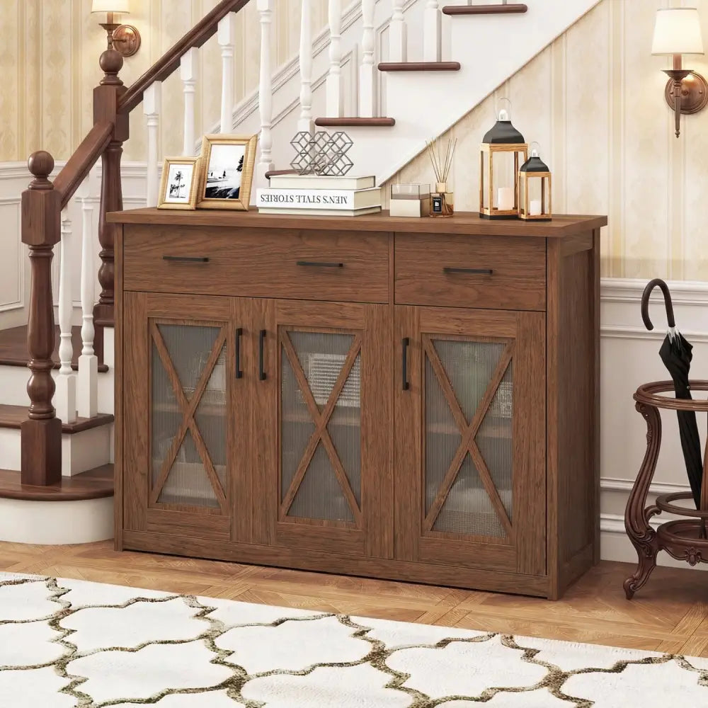 Farmhouse Buffet Sideboard 3-Door Kitchen Storage Cabinet with 2 Drawers-Brown - Brown - Sideboards Cabinets & Buffets