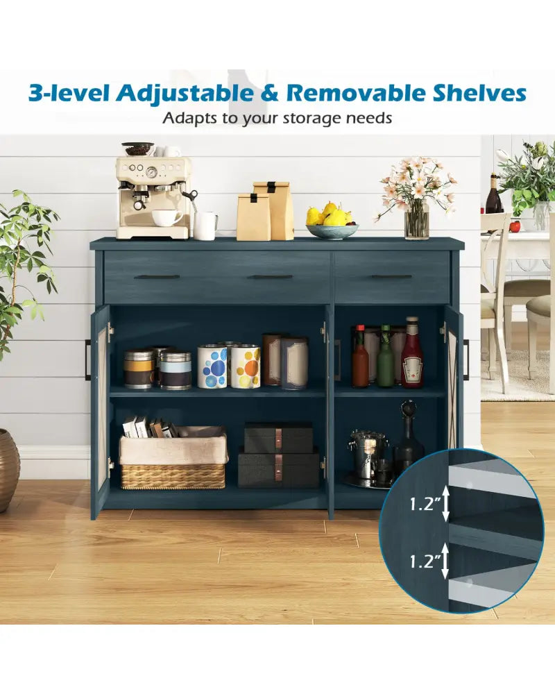 Farmhouse Buffet Sideboard 3-Door Kitchen Storage Cabinet with 2 Drawers-Turquoise - Turquoise - Sideboards Cabinets &