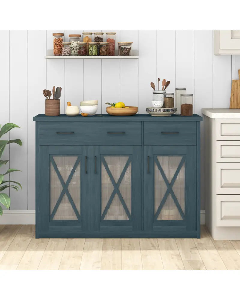 Farmhouse Buffet Sideboard 3-Door Kitchen Storage Cabinet with 2 Drawers-Turquoise - Turquoise - Sideboards Cabinets &