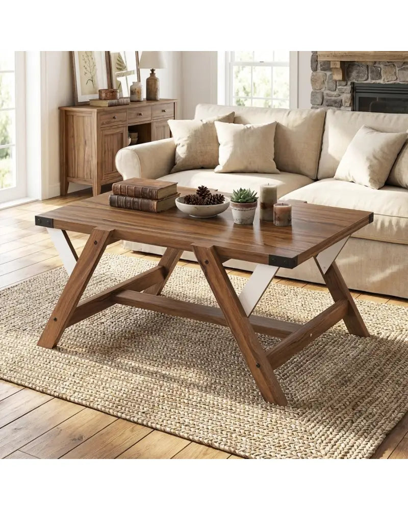 Farmhouse Center Table with Decorative Nailhead Accents for Living Room-Walnut - Walnut - Coffee Tables