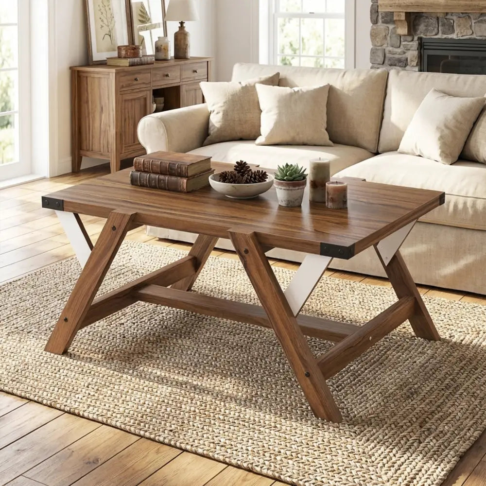 Farmhouse Center Table with Decorative Nailhead Accents for Living Room-Walnut - Walnut - Coffee Tables