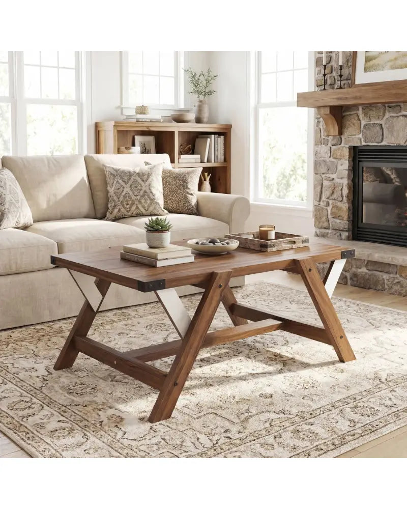 Farmhouse Center Table with Decorative Nailhead Accents for Living Room-Walnut - Walnut - Coffee Tables